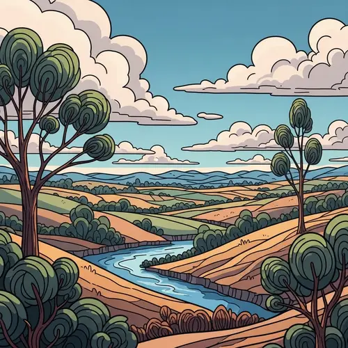 Surreal Nature Illustration with Rolling Hills and Dream-Like Clouds