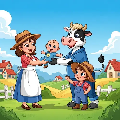 Humorous Pastoral Farm Cartoon: Cow Character and Baby