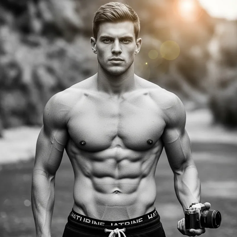 Muscular Man with Toned Abs in Rugged Outdoor Canon EOS R Portrait