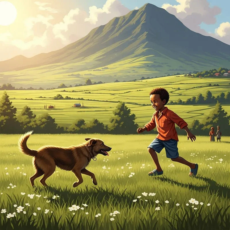 Joyful Connection: Playing with Dog in Ethiopian Countryside