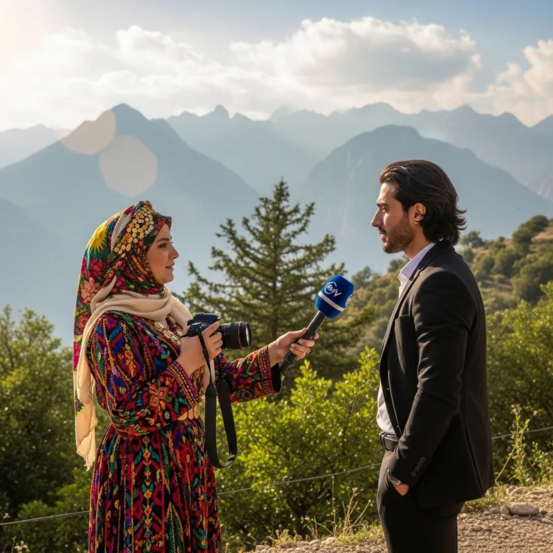 Kurdish Journalist in Traditional Attire Interviewing in Mountainous Scenery
