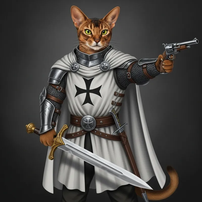 Muscular Abyssinian Cat: Templar Warrior with Sword and Gun Muscular Abyssinian Cat: Templar Warrior with Sword and Gun