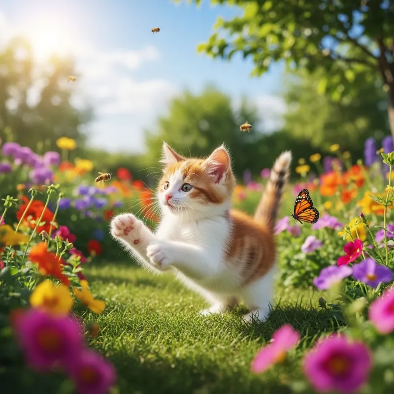 Adorable Kitten Playing in Sunny Garden