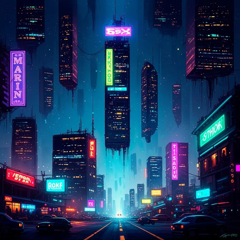 Surreal Cyberpunk Cityscape: Vibrant Neon Lights & Floating Buildings Surreal Cyberpunk Cityscape: Vibrant Neon Lights & Floating Buildings
