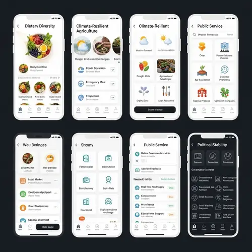 Mobile App Interfaces: Dietary Diversity, Agriculture Resilience, Public Services, Political Stability