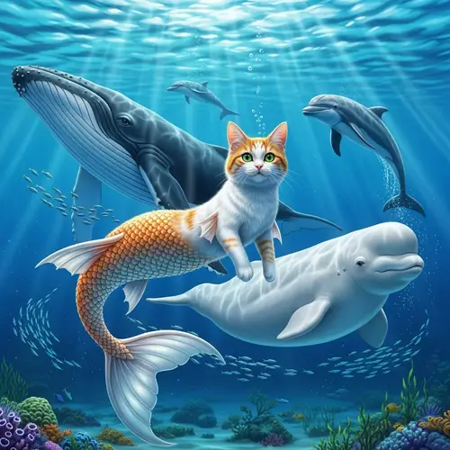 White Orange Cat Mermaid Swimming with Whales in Sea
