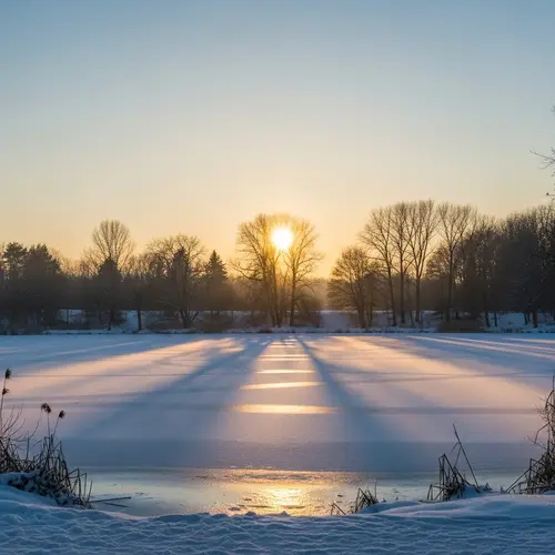 Winter Lake Scene: Golden Glow on Frozen Water