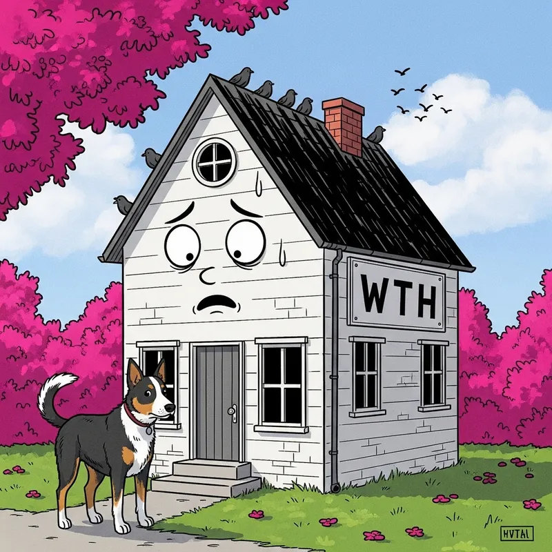 Charming Black & White Bungalow with Worried Cattle Dog | W T H Sign