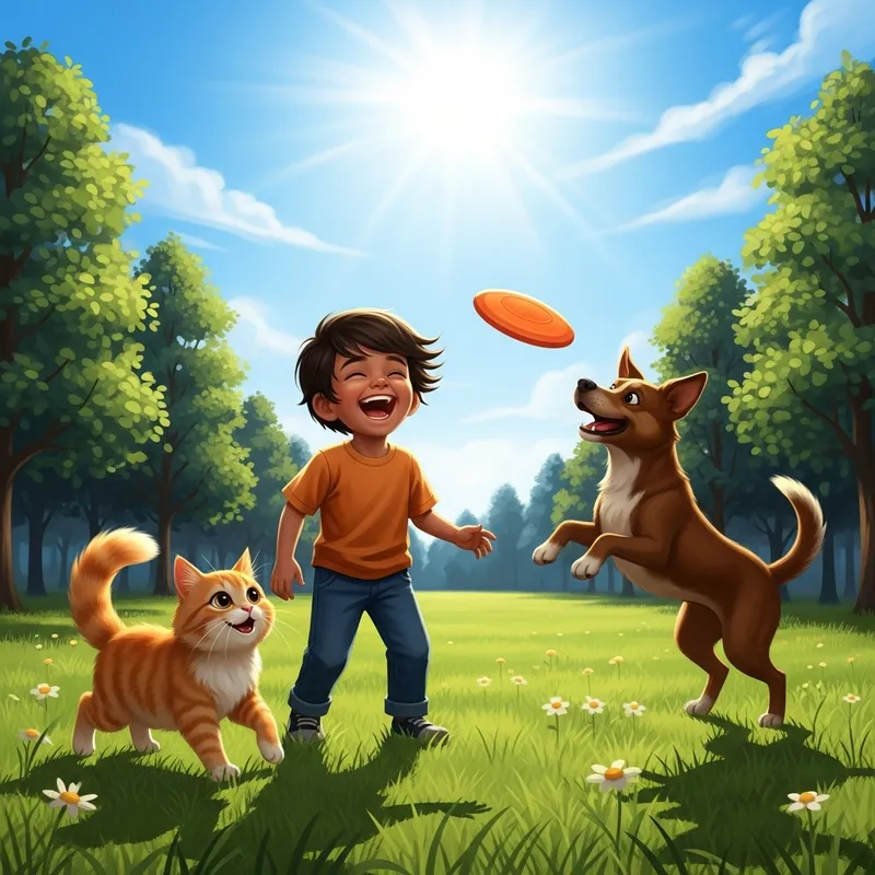 Kid Playing with Cat and Dog: Joyful Interaction in Meadow