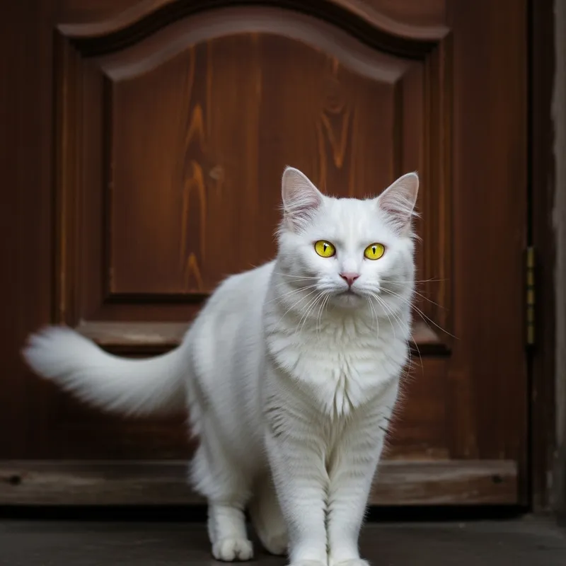 White Cat with Yellow Eyes Standing by Antique Door