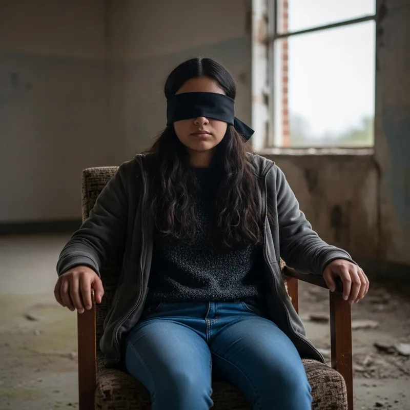 Teenager with Dark Hair Sitting in Old Armchair in Abandoned Building