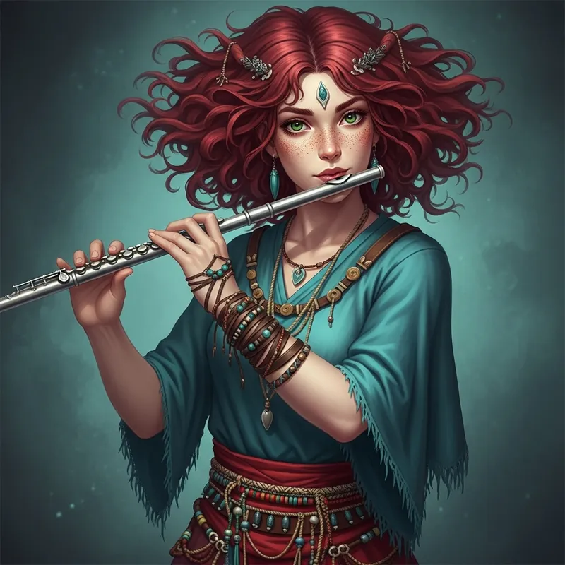 Air Genasi Bard with Red Hair & Flute | Elegant Freckled Beauty