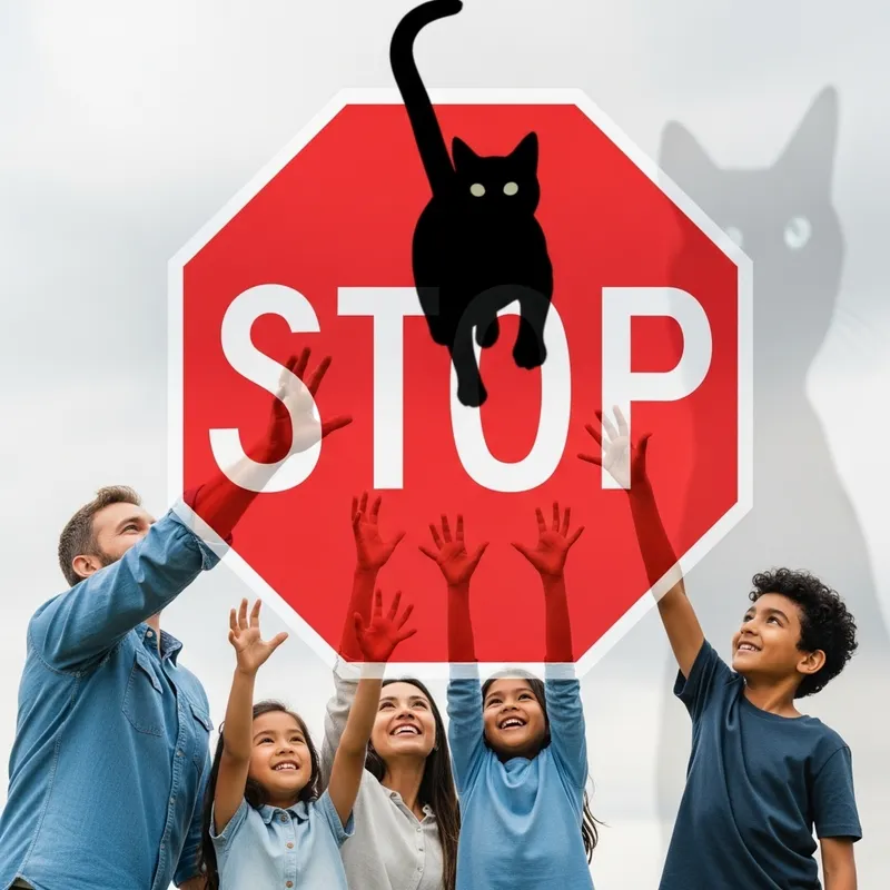 Mystery Cat Silhouette - Family Reaching to Big Red Stop Sign