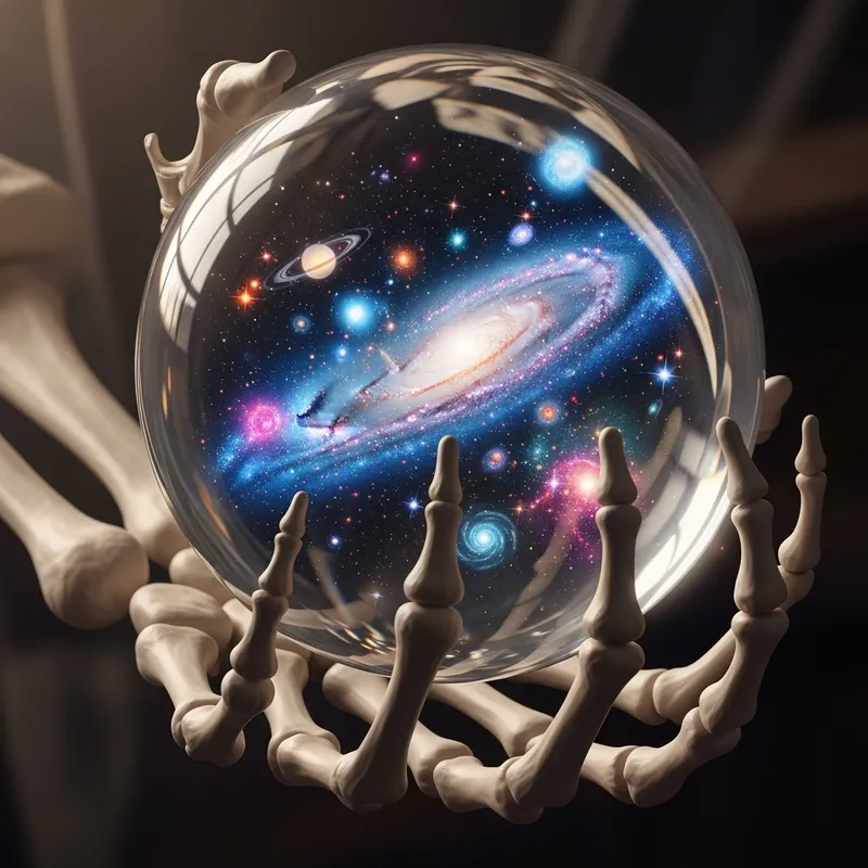 Galaxy Reflection in Glass Orb - Mystical Skeleton Hand Galaxy Reflection in Glass Orb - Mystical Skeleton Hand