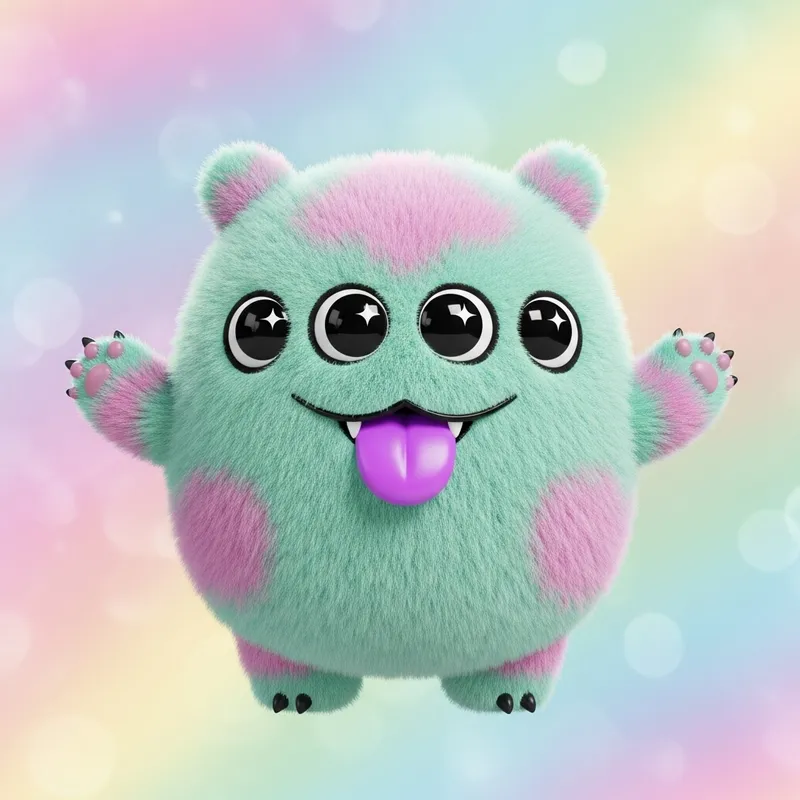Colorful Kawaii Monster with 4 Eyes and Bright Purple Tongue