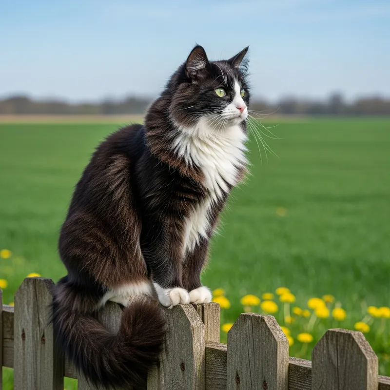 Fluffy Black and White Cat Sitting