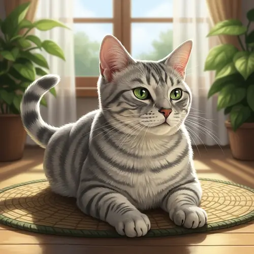 Silver Grey Domestic Cat Resting on Woven Mat