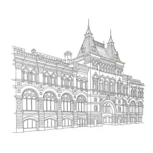 Detailed Architectural Sketch of Gostiny Dvor Building in Moscow
