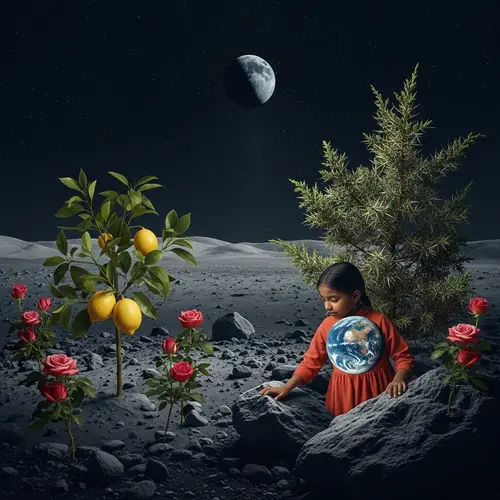 Dreamlike Lunar Garden with Lemons, Roses, Juniper & Girl
