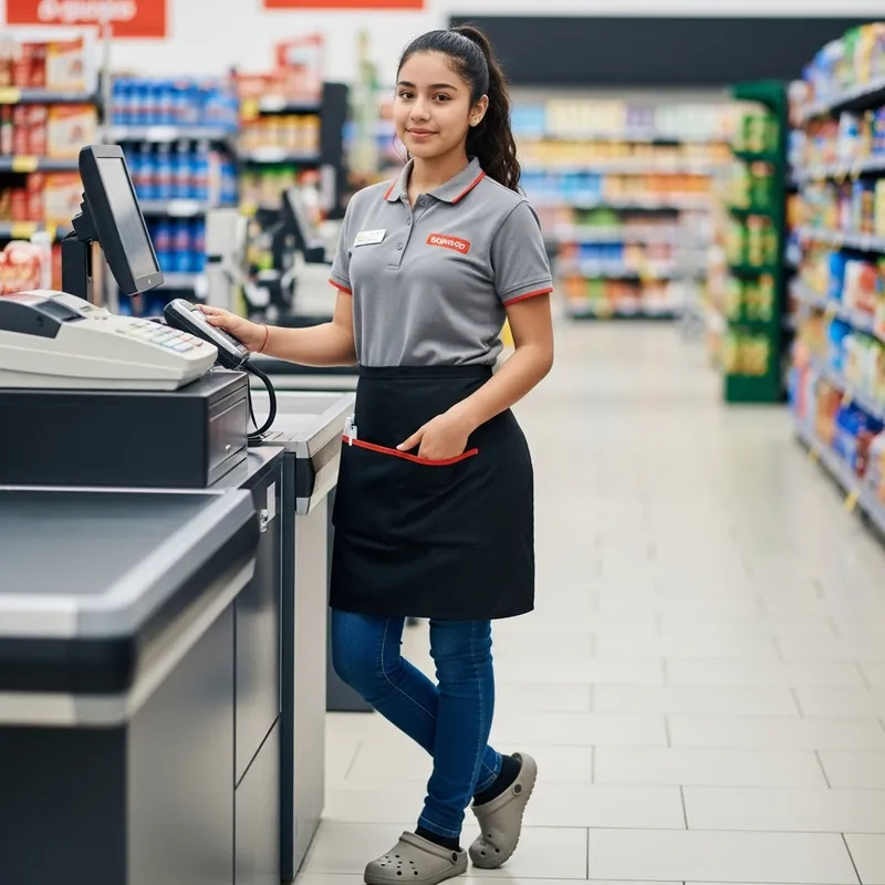 16-Year-Old Cashier in Special Attire Standing Sideways