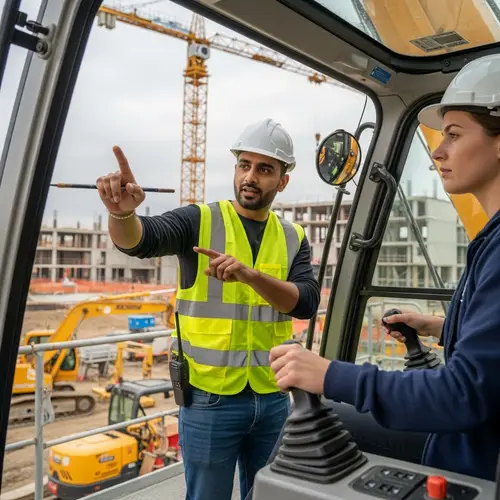 Professional Rigger Instructs Crane Operator at Construction Site