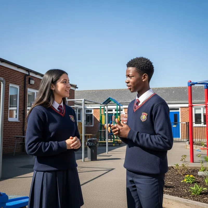 Two Students Chatting in School Courtyard | Educational Setting Two Students Chatting in School Courtyard | Educational Setting