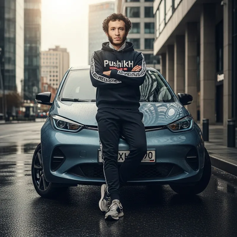 Pushkin in Adidas Tracksuit with Lada Priora Background