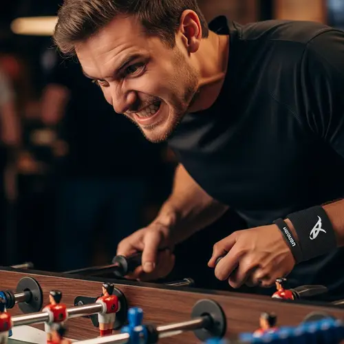 Intense Caucasian Man Playing Foosball with Wrist Band