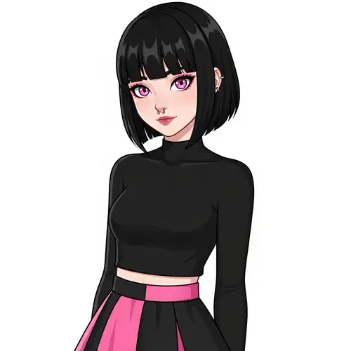 Anime Style Girl with Pink Eyes and Black Hair | Intriguing Artwork