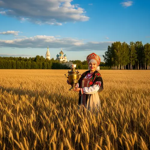 Russian Woman in Traditional Attire in Wheat Field
