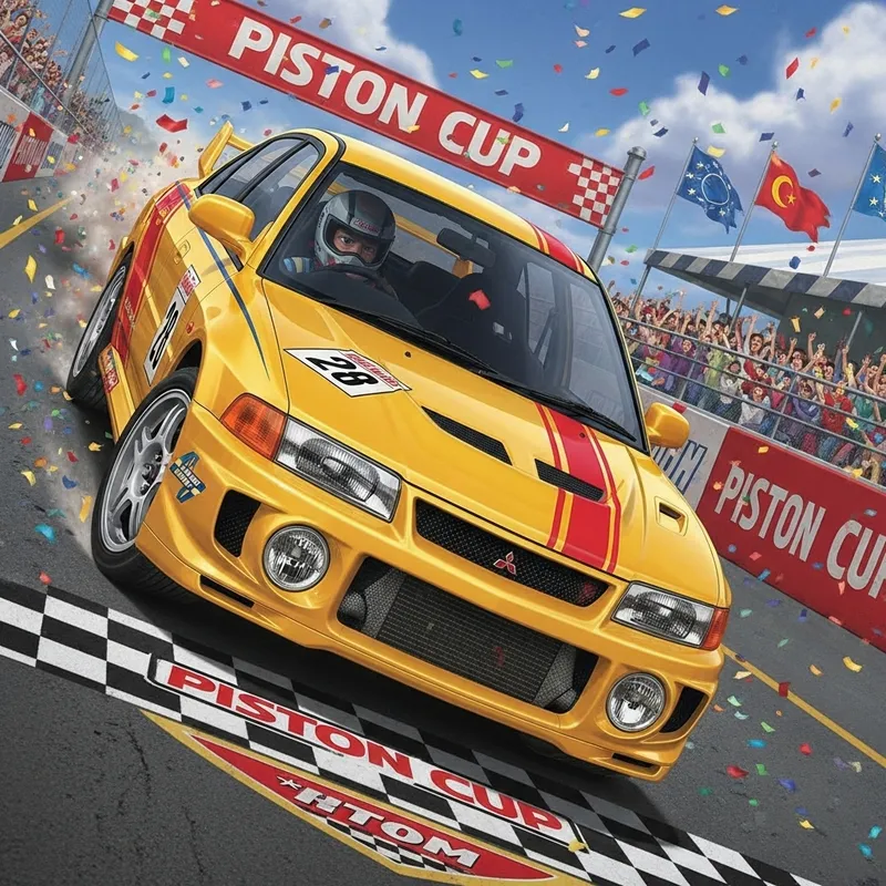 Yellow Mitsubishi Lancer Evo 3 Wins Piston Cup Race