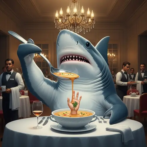 Fancy Restaurant Scene with Shark Enjoying Creamy Soup