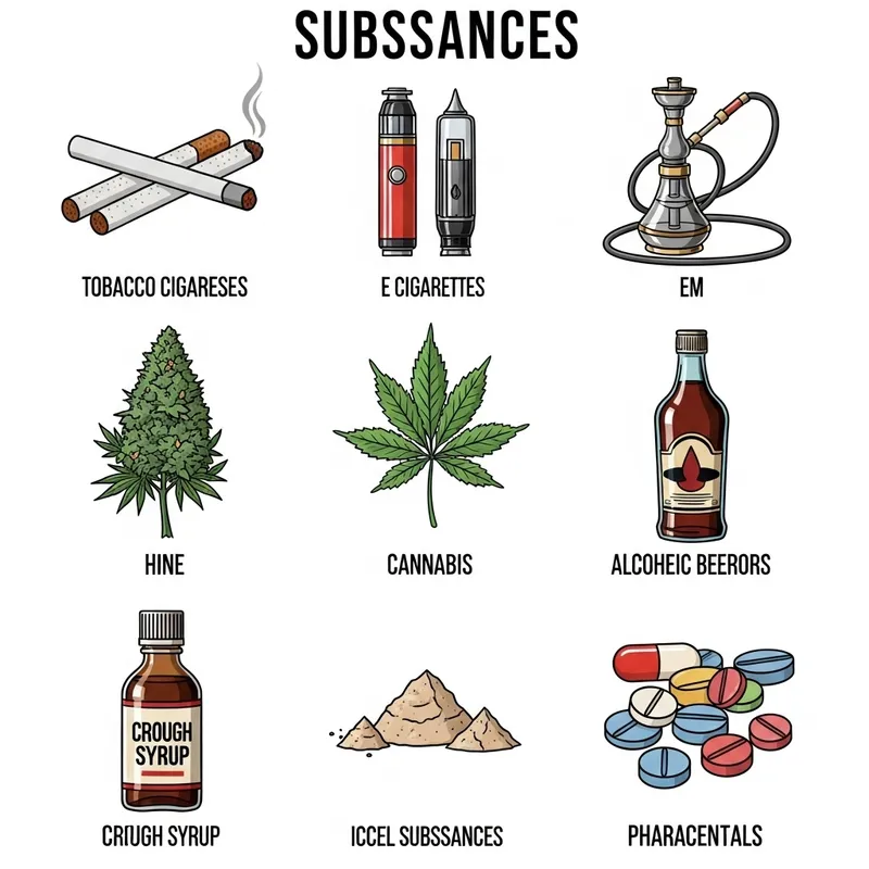 Substance Collage: Tobacco, Vaping, Hookah, Cannabis, Alcohol, Pharmaceuticals Substance Collage: Tobacco, Vaping, Hookah, Cannabis, Alcohol, Pharmaceuticals
