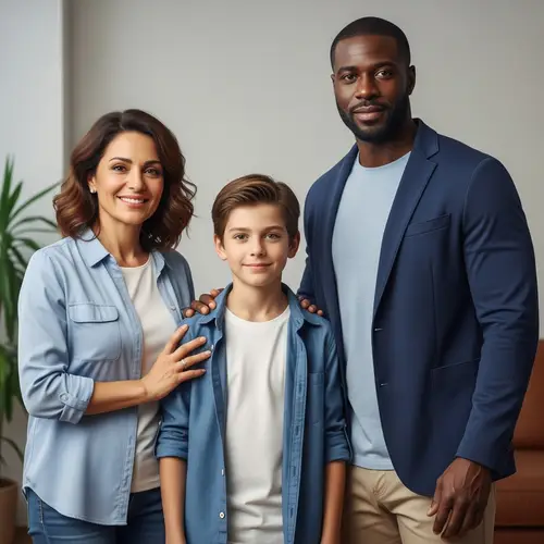 Diverse Family Portrait: Young Caucasian Boy, Hispanic Mother, and Black Father