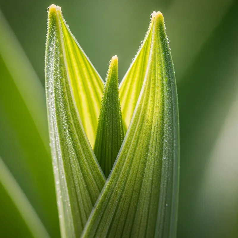 Close-Up of Garlic Leaf Unfurling with Intricate Textures and Vibrant Green Hues