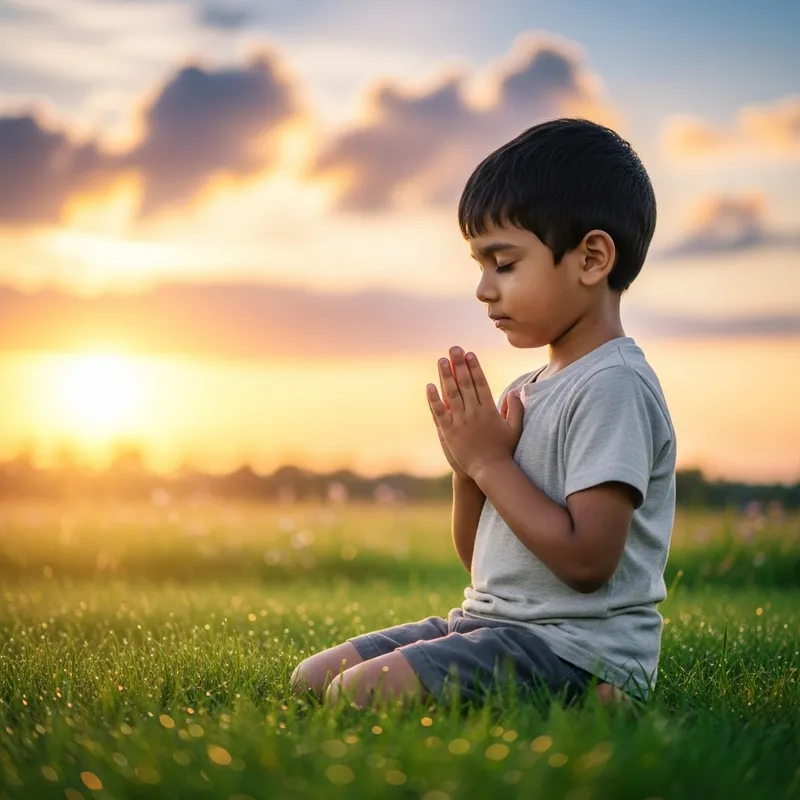 Child Praying Outdoors at Sunset for Peaceful Image