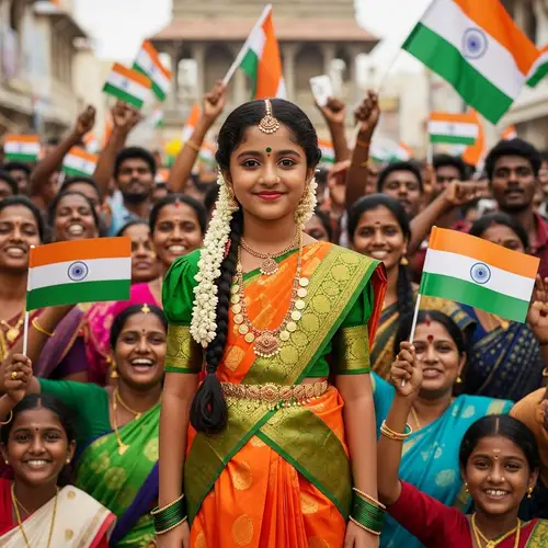 Traditional Tamil Girl & Diverse Crowd | Tamil Nadu Flag Celebration