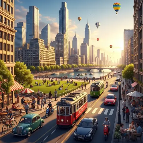 Vibrant Cityscape at Sunset with Green Parks and Modern Transport