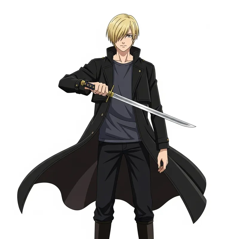 Young Heir of Killer Clan in Black Coat with Blade Young Heir of Killer Clan in Black Coat with Blade