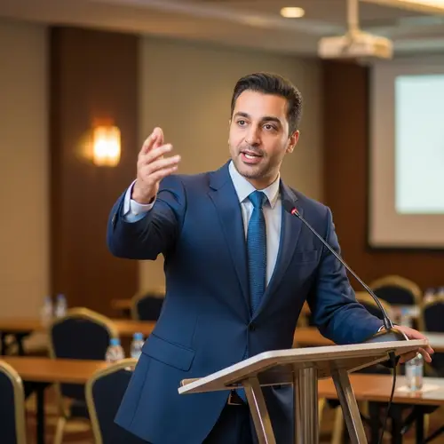 Professional Middle-Eastern Businessman Speaking at Conference Podium