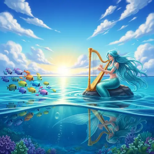 Serenading Mermaid with Aquamarine Hair and Rainbow-colored Fish
