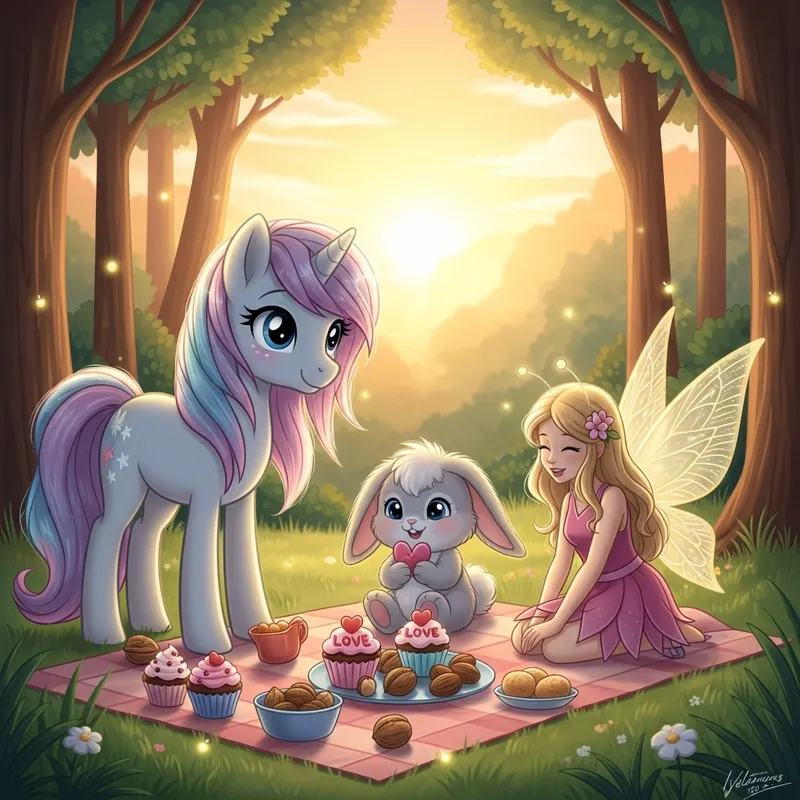 Enchanting Forest Picnic with Pony, Bunny, and Fairy