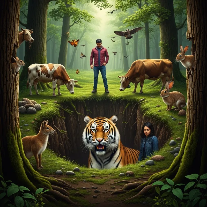 Intense Wildlife Encounter: Tiger, Man, Cow, Rabbit