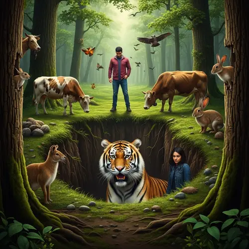Intense Nature's Drama: Tiger, Man, Cow, and Rabbit