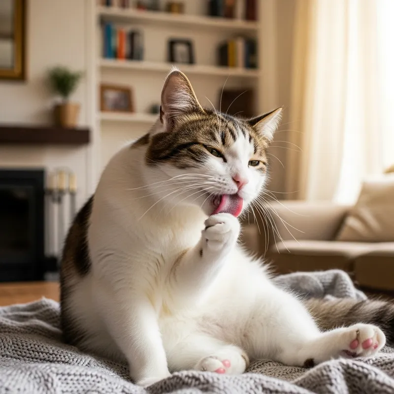 Cute White and Brown Furry Cat Grooming and Licking Paw