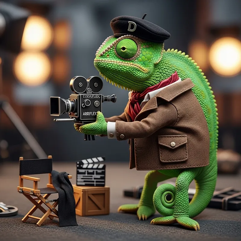 Green Chameleon in Director's Outfit with Movie Camera in Brown Jacket