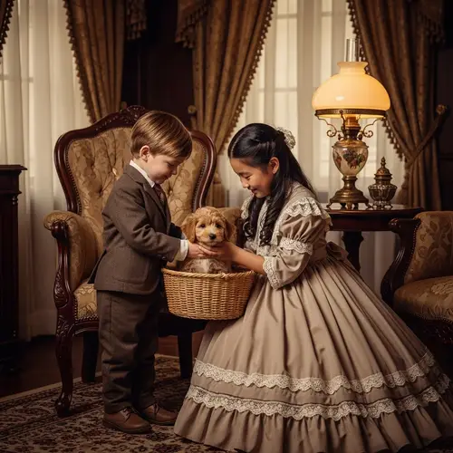 Victorian Times Endearing Scene with Children and Puppy