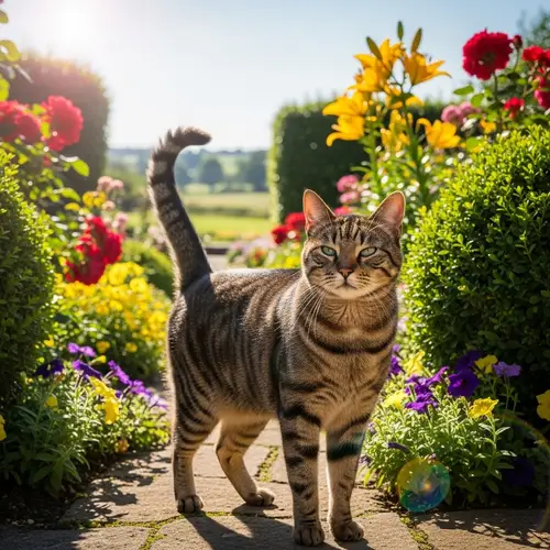 Proud Domestic Short-Haired Cat in Lush Garden | Blue-Eyed Tabby