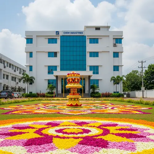 Festive Onam Celebration: Vibrant Pookalam & Chem Industries Building