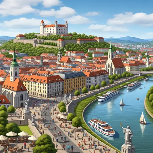 Bratislava Castle Overlooking Colorful Cityscape | Danube River Scene